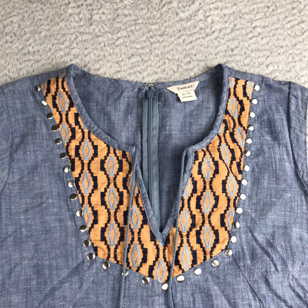 Ariat Katy Embroidered Chambray Shift Dress Womens XL Blue V Neck Tassel Cowgirl - Picture 3 of 10